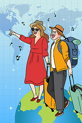 전신 여자 남자 행복 지구 세계지도 일러스트 배낭 웃음 성인 두명 걷기 캐리어 가리킴 세계여행 즐거움 코믹 카툰스타일 성인만 국내일러스트 AI파일 감정 여행 지도 가방 모션 표정 사람 손짓 세계 여행가방 파일형식 벡터