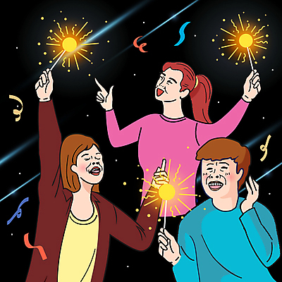 여자 남자 행복 일러스트 폭죽 불꽃놀이 미소 들기 상반신 성인 세명 손들기 가리킴 즐거움 코믹 카툰스타일 성인만 국내일러스트 AI파일 감정 모션 놀이 표정 사람 손짓 파일형식 벡터