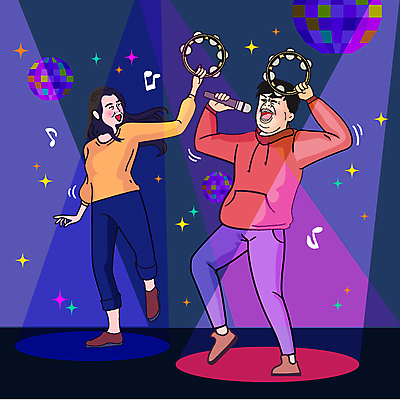 전신 여자 남자 행복 일러스트 노래 웃음 들기 성인 두명 춤 마이크 즐거움 흔들림 코믹 탬버린 미러볼 카툰스타일 노래방 성인만 국내일러스트 AI파일 감정 음악 음향기기 모션 문화예술 타악기 표정 사람 장식 파일형식 벡터