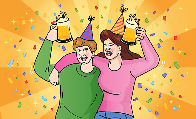 여자 남자 행복 일러스트 어깨동무 맥주 들기 상반신 성인 두명 즐거움 건배 꽃가루 맥주잔 축배 성인만 국내일러스트 AI파일 감정 포즈 술잔 모션 주류 사람 가루 파일형식 벡터