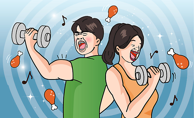 여자 남자 행복 일러스트 근육 들기 상반신 성인 두명 운동 치킨 아령 즐거움 코믹 카툰스타일 성인만 국내일러스트 AI파일 감정 모션 건강 사람 닭고기요리 파일형식 벡터