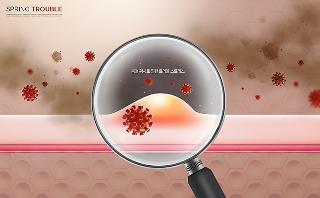 PSD 편집이미지 돋보기 사람없음 봄 바이러스 확대 피부 박테리아 여드름 피부질환 염증 트러블 황사 미세먼지 이미지편집 계절 의학 신체부위 질병 먼지 파일형식