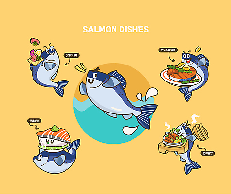 캐릭터 일러스트 들기 사람없음 노란색 초밥 카나페 해산물 연어 돌솥밥 연어스테이크 연어초밥 월간캐릭터 일러캐릭터 AI파일 컬러 모션 밥 서양음식 어류 스테이크 일본음식 파일형식 벡터