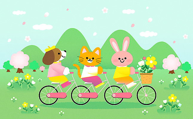 캐릭터 일러스트 봄꽃 사람없음 연두색 귀여움 자전거 고양이 토끼 강아지 승차 3인용자전거 국내일러스트 일러캐릭터 AI파일 꽃 컨셉 포유류 모션 초록색 반려동물 바이크 봄 개 파일형식 벡터