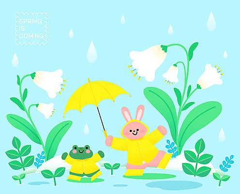 캐릭터 하늘색 일러스트 우산 팔벌리기 개구리 들기 사람없음 귀여움 토끼 비 우비 초롱꽃 국내일러스트 일러캐릭터 AI파일 자연요소 옷 꽃 컨셉 포유류 모션 날씨 양서류 파란색 반려동물 파일형식 벡터
