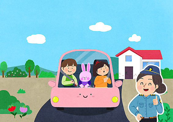 PSD 캐릭터 여자 남자 어린이 일러스트 자동차 앉기 소녀 소년 상반신 성인 세명 토끼 경찰 교통안전 따봉 안전벨트 국내일러스트 일러캐릭터 직업 육상교통 포유류 모션 안전 사람 반려동물 최고 파일형식