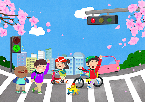 전신 PSD 캐릭터 여자 남자 어린이 일러스트 곰 병아리 소녀 소년 세명 손들기 자전거 횡단보도 승차 신호등 교통안전 건너기 퀵보드 어린이만 국내일러스트 일러캐릭터 동물 교통수단 포유류 모션 조류 안전 사람 바이크 보행로 파일형식
