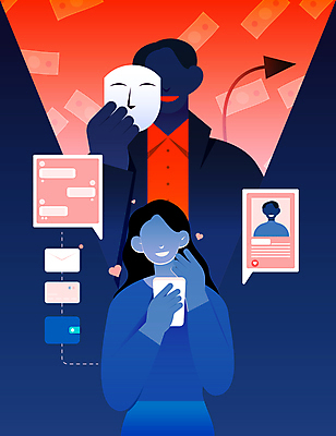 여자 남자 일러스트 가면 들기 상반신 성인 세명 스마트폰 속임수 사기꾼 사이버범죄 채팅 피해자 얼굴없음 성인만 가해자 로맨스스캠 국내일러스트 AI파일 모션 사람 핸드폰 스마트기기 피해 범죄 파일형식 벡터