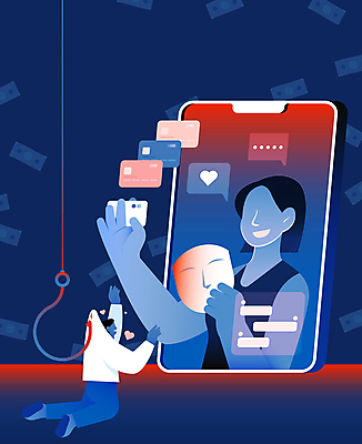 전신 여자 남자 일러스트 가면 들기 상반신 성인 두명 스마트폰 속임수 신용카드 낚싯바늘 사기꾼 사이버범죄 채팅 피해자 얼굴없음 성인만 가해자 로맨스스캠 국내일러스트 AI파일 모션 사람 금융 핸드폰 스마트기기 피해 낚시용품 범죄 파일형식 벡터