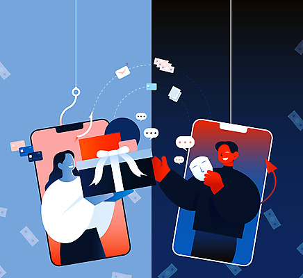 여자 남자 일러스트 선물 가면 들기 상반신 성인 두명 선물상자 속임수 낚싯바늘 사기꾼 사이버범죄 채팅 피해자 얼굴없음 성인만 가해자 로맨스스캠 국내일러스트 AI파일 모션 사람 상자 피해 낚시용품 범죄 파일형식 벡터