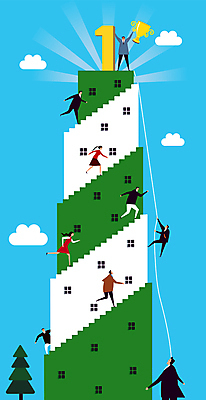 전신 여자 남자 하늘색 일러스트 비즈니스 들기 빌딩 여러명 성인 달리기 경쟁 우승 최고 직장인 트로피 오르기 성인만 국내일러스트 AI파일 직업 다수 컨셉 모션 사람 건물 파란색 상_우승 파일형식 벡터