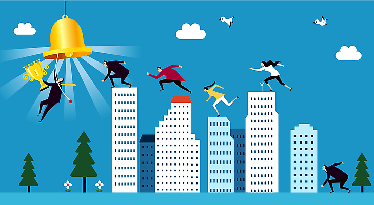 전신 여자 남자 하늘색 일러스트 비즈니스 여러명 성인 건물 달리기 점프 잡기 우승 최고 직장인 트로피 골든벨 성인만 국내일러스트 AI파일 직업 건축물 다수 모션 사람 파란색 종 상_우승 파일형식 벡터