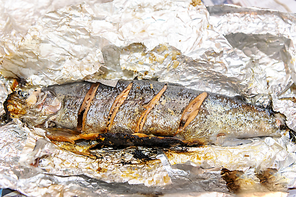 포토 JPG 주간 사람없음 야외 은박지 생선구이 송어 화로구이 국내포토 자연요소 어류 구이 생선요리 파일형식