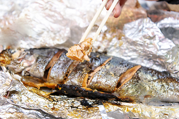 포토 JPG 주간 손 야외 신체부위 은박지 생선구이 송어 젓가락질 화로구이 국내포토 자연요소 젓가락 어류 사람 손짓 구이 생선요리 파일형식