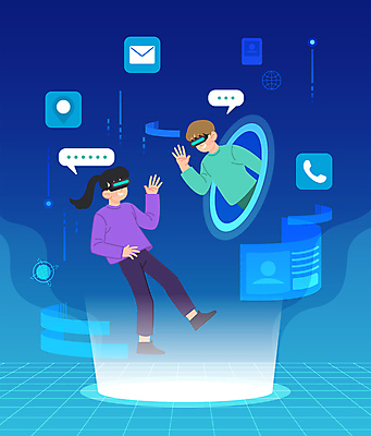 전신 여자 남자 일러스트 상반신 성인 두명 파란색 만남 손인사 화상통화 가상현실 성인만 VR기기 국내일러스트 AI파일 컬러 컨셉 사람 기계 인사 통화 파일형식 벡터