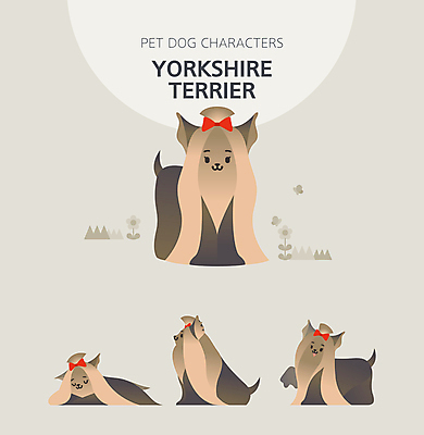 캐릭터 리본 반려견 엎드리기 여러마리 일러스트 앉기 사람없음 갈색 잠 개 강아지 요크셔테리어 다리들기 앞발 앞발든 일러캐릭터 AI파일 컬러 다수 포유류 모션 반려동물 테리어 파일형식 벡터