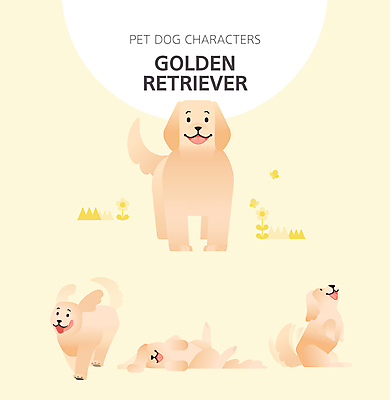 캐릭터 반려견 여러마리 일러스트 앉기 사람없음 눕기 달리기 노란색 개 골든리트리버 강아지 즐거움 일러캐릭터 AI파일 감정 컬러 다수 포유류 모션 반려동물 리트리버 파일형식 벡터