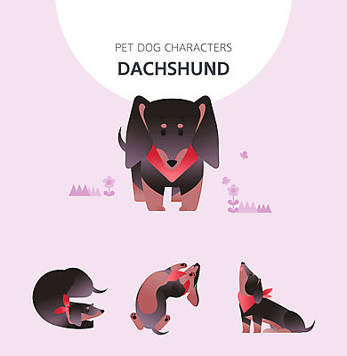 캐릭터 반려견 엎드리기 여러마리 일러스트 앉기 사람없음 보라색 검은색 스카프 개 강아지 닥스훈트 뒹굴뒹굴 일러캐릭터 AI파일 컬러 다수 포유류 모션 반려동물 목도리 파일형식 벡터