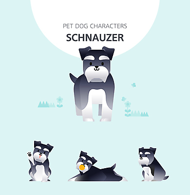 캐릭터 반려견 엎드리기 여러마리 일러스트 공 앉기 사람없음 파란색 개 강아지 슈나우저 물기 다리들기 앞발 앞발든 일러캐릭터 AI파일 컬러 다수 포유류 모션 반려동물 파일형식 벡터