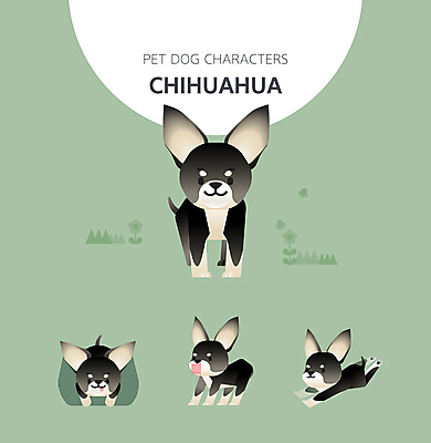 캐릭터 반려견 엎드리기 여러마리 일러스트 사람없음 초록색 달리기 개 강아지 경계 치와와 일러캐릭터 AI파일 컬러 다수 포유류 모션 반려동물 파일형식 벡터