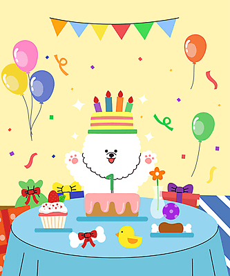 캐릭터 모자 한마리 반려견 일러스트 선물 상반신 사람없음 선물상자 장난감 파티 케이크 만세 축하 생일 생일케이크 파티용품 풍선 가랜드 비숑프리제 일러캐릭터 AI파일 1 잡화 기념일 컨셉 모션 디저트 이벤트 반려동물 상자 개 이벤트용품 파일형식 벡터