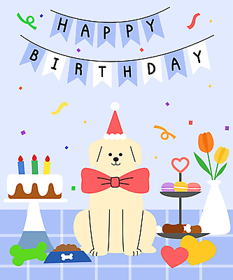 전신 캐릭터 한마리 리본 반려견 일러스트 앉기 사람없음 파티 케이크 꽃병 고깔모자 하트 축하 생일파티 생일 리트리버 생일케이크 파티용품 가랜드 개밥그릇 개뼈다귀 일러캐릭터 AI파일 모양 모자_잡화 1 그릇 기념일 꽃 컨셉 모션 디저트 이벤트 반려동물 개 이벤트용품 애견용품 애견간식 파일형식 벡터