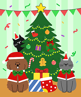 전신 캐릭터 반려견 크리스마스 일러스트 산타모자 세마리 앉기 사람없음 크리스마스트리 파티 고양이 강아지 파티용품 일러캐릭터 AI파일 모자_잡화 기념일 포유류 모션 3 이벤트 반려동물 개 이벤트용품 파일형식 벡터