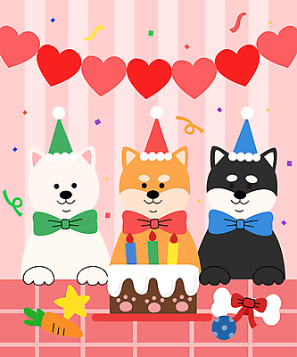 캐릭터 응시 반려견 일러스트 세마리 상반신 사람없음 파티 케이크 고깔모자 축하 생일 개 시바견 일러캐릭터 AI파일 모자_잡화 시선 기념일 컨셉 포유류 디저트 3 이벤트 반려동물 파일형식 벡터