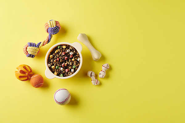 포토 JPG 스튜디오촬영 백그라운드 사람없음 장난감 노란색 먹이 오브젝트 애견용품 개사료 애견간식 영양_영양소 카피스페이스 펫푸드 국내포토 반려용품 컬러 실내 공백 영양소 파일형식