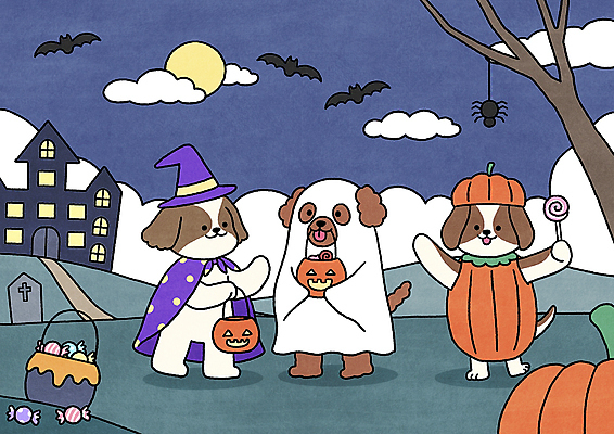 PSD 캐릭터 일러스트 들기 사람없음 파티 할로윈 강아지 야간 변장 잭오랜턴 코스프레 일러캐릭터 자연요소 모션 이벤트 반려동물 개 파일형식