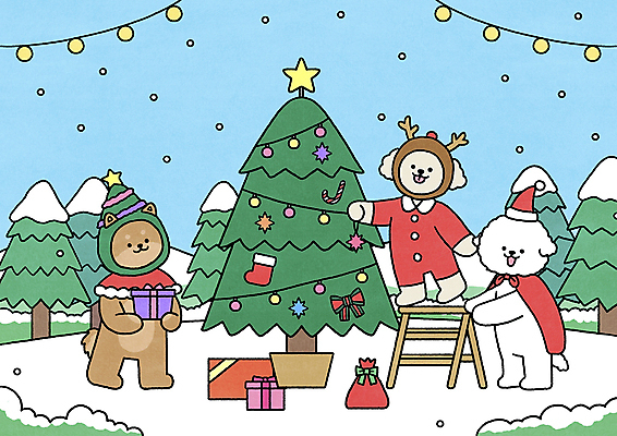 PSD 캐릭터 크리스마스 겨울 일러스트 사다리 선물 들기 사람없음 크리스마스트리 파티 눈 잡기 강아지 일러캐릭터 자연요소 계절 기념일 모션 날씨 이벤트 반려동물 도구 개 파일형식