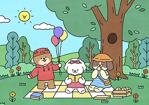 PSD 캐릭터 공원 일러스트 샌드위치 들기 앉기 사람없음 책 초록색 독서 소풍 파티 강아지 숲 먹기 돗자리 풍선 풍선잡기 일러캐릭터 공공시설 음식 컬러 모션 이벤트 반려동물 야외활동 잡기 개 파일형식