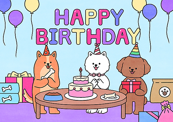 PSD 캐릭터 일러스트 선물 들기 사람없음 파티 케이크 축하 생일파티 생일 강아지 일러캐릭터 기념일 컨셉 모션 디저트 이벤트 반려동물 개 파일형식