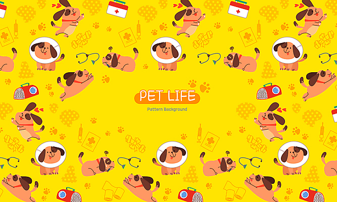 백그라운드 패턴 여러마리 일러스트 사람없음 치료 노란색 강아지 질병 동물병원 바둑이 국내일러스트 AI파일 컬러 다수 무늬 의학 병원 반려동물 개 파일형식 벡터