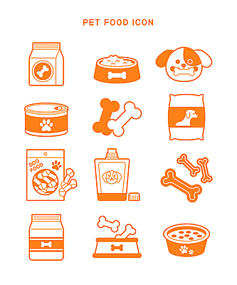 아이콘 반려견 사람없음 주황색 강아지 개껌 개밥그릇 개뼈다귀 개사료 펫푸드 캔사료 2D아이콘 AI파일 그릇 컬러 반려동물 개 먹이 애견용품 애견간식 파일형식 벡터