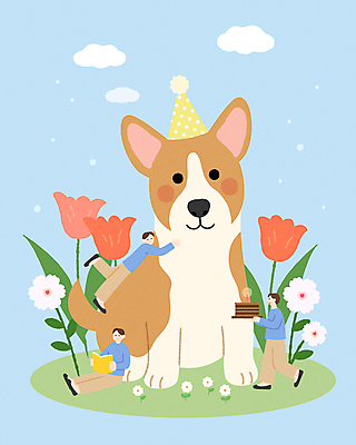 전신 기념일 남자 꽃 반려견 하늘색 백그라운드 일러스트 안기 사랑 들기 앉기 성인 세명 독서 강아지 생일케이크 성인남자만 세계강아지의날 국내일러스트 AI파일 식물 감정 모션 사람 이벤트 파란색 반려동물 케이크 개 남자만 성인만 파일형식 벡터