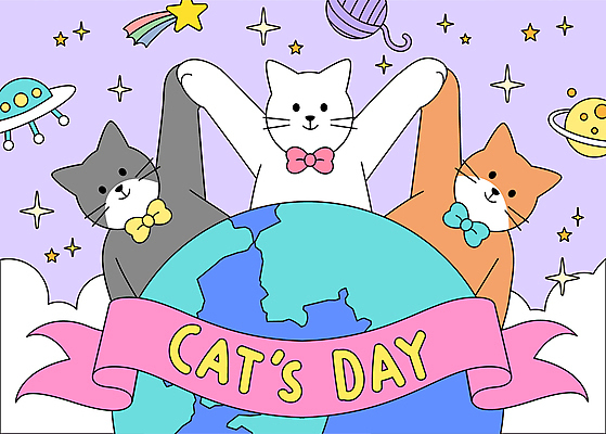 별 리본 지구 일러스트 이벤트 사람없음 반짝임 장난감 손잡기 보라색 행성 털실 고양이캐릭터 반려묘 키치 세계고양이의날 국내일러스트 AI파일 자연요소 기념일 컬러 동물캐릭터 컨셉 모션 반려동물 우주 고양이 실 파일형식 벡터