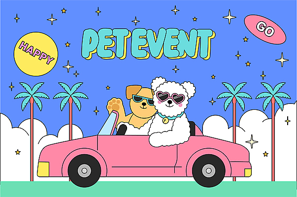 반려견 여행 일러스트 자동차 이벤트 사람없음 파란색 여름휴가 바캉스 선글라스 야자수 손들기 운전 강아지 승차 개캐릭터 키치 세계강아지의날 국내일러스트 펫캉스 AI파일 나무 기념일 안경 육상교통 컬러 동물캐릭터 컨셉 모션 휴가 반려동물 개 파일형식 벡터 여름_계절