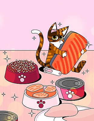 분홍색 일러스트 안기 사람없음 반려동물 고양이 먹이 연어 닭가슴살 펫케어 펫푸드 반려묘 캔사료 애묘간식 고양이먹이 국내일러스트 AI파일 동물 컬러 포유류 모션 관리 어류 닭고기 애견용품 파일형식 벡터