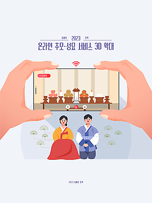 전신 손 여자 남자 일러스트 들기 성인 두명 신체부위 스마트폰 한복 제사 제사상 온라인 성묘 정부정책 정책 추모 성인만 비대면서비스 국내일러스트 AI파일 한국전통 모션 사람 핸드폰 스마트기기 전통의상 전통의례 서비스 파일형식 벡터 언택트