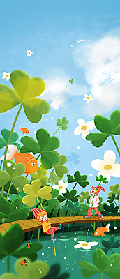 PSD 남자 꽃 어린이 일러스트 상상 동화 요정 어류 소년 두명 물 봄 잡기 클로버 소년만 동심 국내일러스트 자연요소 식물 계절 모션 사람 수중동물 남자만 어린이만 파일형식