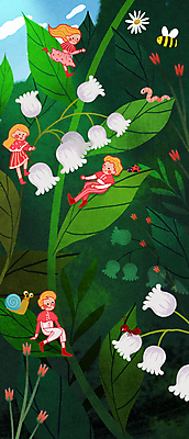 전신 PSD 여자 남자 어린이 일러스트 상상 동화 요정 앉기 소녀 소년 여러명 초록색 눕기 봄 방울꽃 어린이만 동심 국내일러스트 계절 꽃 컬러 다수 모션 사람 파일형식