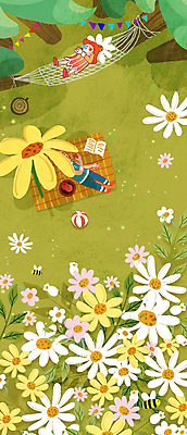 PSD 남자 꽃 어린이 일러스트 상상 동화 요정 소년 초원 두명 하이앵글 눕기 봄 캠핑 잠 그늘 돗자리 해먹 소년만 동심 국내일러스트 식물 계절 뷰포인트 모션 레저 사람 침대 남자만 어린이만 파일형식