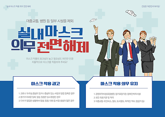 템플릿 여자 남자 포스터 안내 마스크 들기 정장 성인 세명 파란색 자유 던지기 사회이슈 마스크착용 성인만 포스터템플릿 해제 이미지템플릿 AI파일 옷 컬러 컨셉 모션 사람 파일형식 벡터