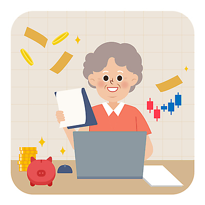 여자 노년 일러스트 한명 상반신 노트북 재산 주식 재테크 투자 노후대책 서류파일 자금 노인여자한명만 국내일러스트 AI파일 1 돈 비즈니스 사람 성인 금융 전자제품 노후 사무용품 여자한명만 노인여자만 파일형식 벡터