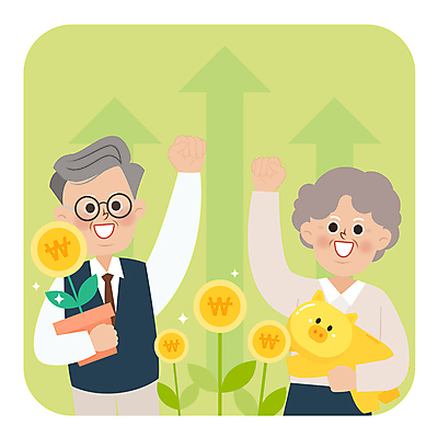 여자 노년 남자 화분 일러스트 그래프 들기 두명 연두색 동전 저금통 재산 투자 상승 노후대책 자금 노인만 국내일러스트 AI파일 컨셉 돈 비즈니스 모션 사람 성인 초록색 금융 노후 저축 성인만 파일형식 벡터