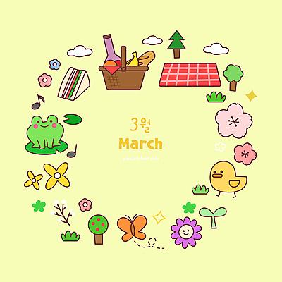 식물 꽃 일러스트 프레임 병아리 개구리 사람없음 소풍 노란색 바구니 봄 원형 3월 오브젝트 피크닉용품 국내일러스트 AI파일 도형 계절 컬러 조류 양서류 야외활동 날짜 파일형식 벡터