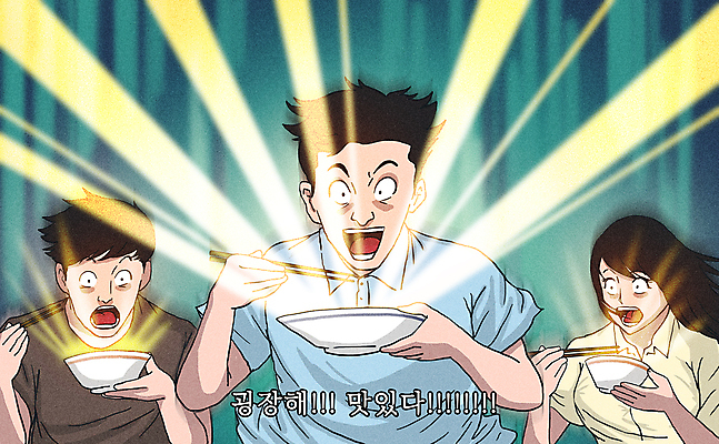 PSD 그릇 여자 남자 일러스트 젓가락 들기 상반신 성인 세명 빛 놀람 맛 먹기 코믹 청록색 카툰스타일 맛집 감탄 성인만 맛있는 미각 국내일러스트 식기 감정 컬러 컨셉 모션 수저 표정 사람 감각 파일형식