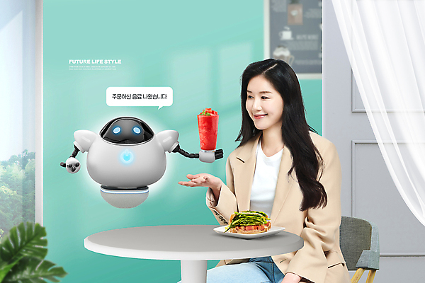 PSD 편집이미지 라이프스타일 여자 음료 미래 한명 들기 상반신 20대 성인 카페 한국인 가리킴 로봇 서빙 성인여자한명만 이미지편집 1 컨셉 모션 사람 동양인 손짓 청년 생활 상점 여자한명만 성인여자만 파일형식