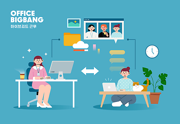 전신 여자 남자 하늘색 의자 일러스트 회사 여러명 상반신 성인 노트북 컴퓨터 사무실 타이핑 작업 가부좌 재택근무 하이브리드 성인만 하이브리드근무 오피스빅뱅 국내일러스트 AI파일 가구 다수 비즈니스 사람 앉기 파란색 전자제품 파일형식 벡터